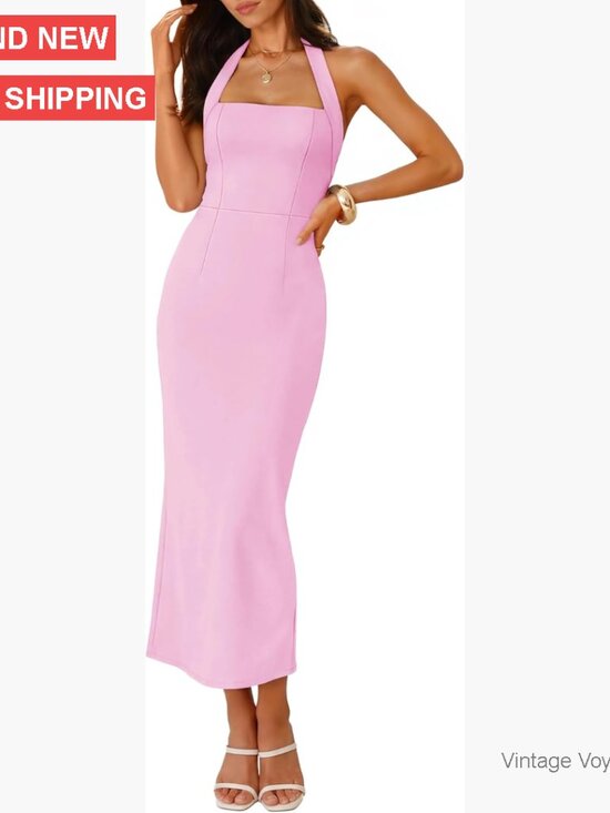 Sleeveless Halter Backless Midi Dress Bodycon Formal Summer Wedding Guest